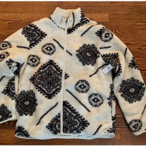 New! Medium White/Black Geometric Sherpa Full Zip Jacket Fleece Old Navy
